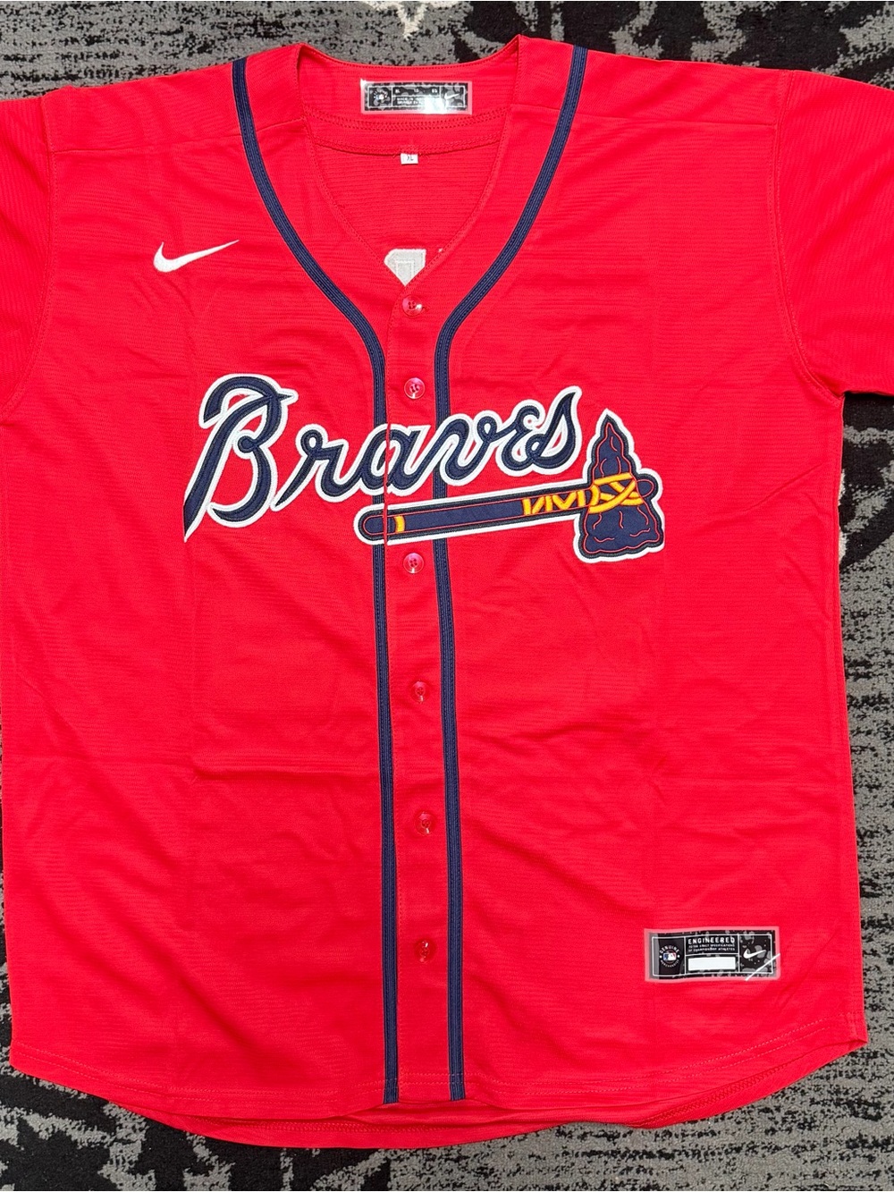 Nike Red Button-Up Deion Sanders Baseball Jersey with Navy Trim
